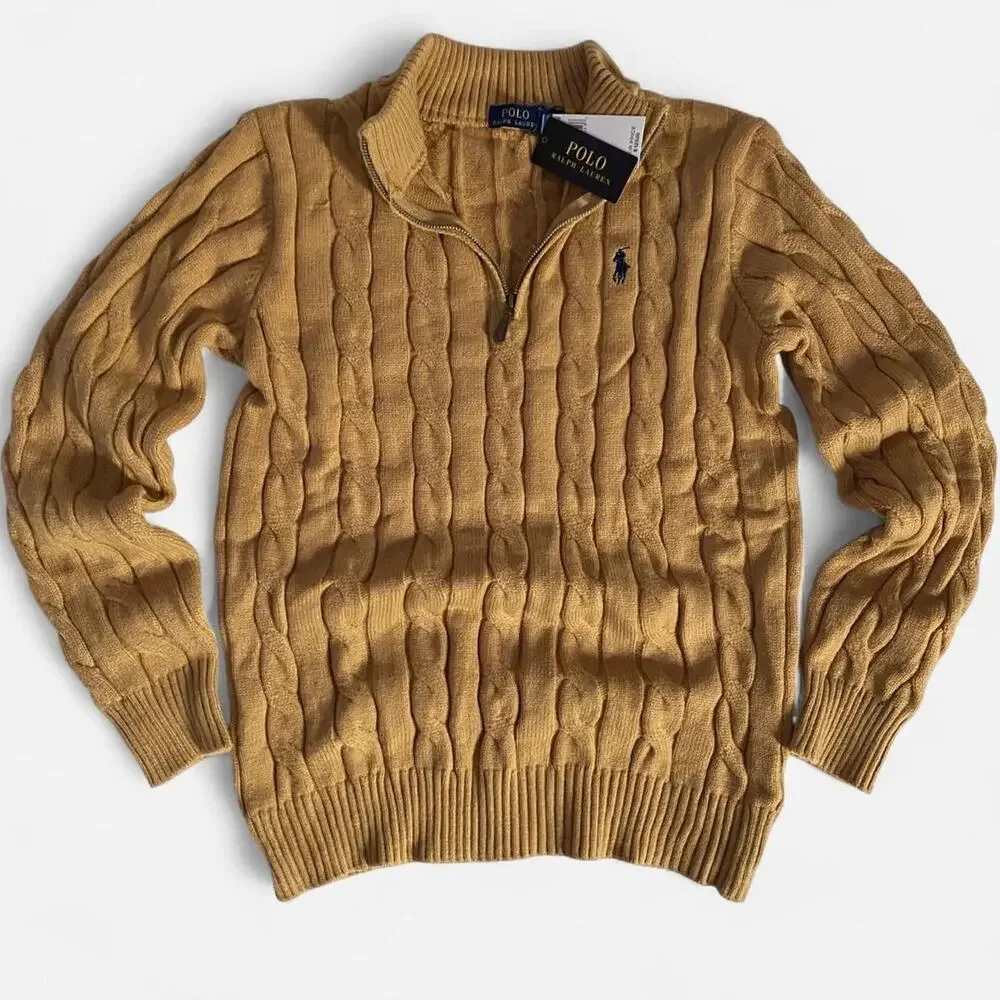 Polo Ralph Lauren Camel Melange brown cable knit cotton quarter zip sweater